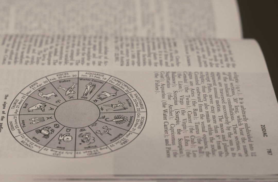 Open book page showing the twelve zodiac signs and their symbols