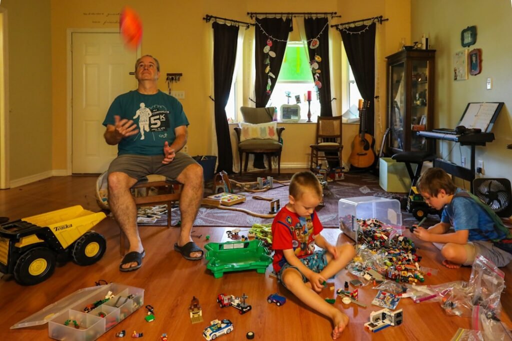 Family spending time together in their living room in daylight