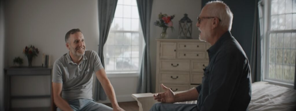 two men conversation bright bedroom