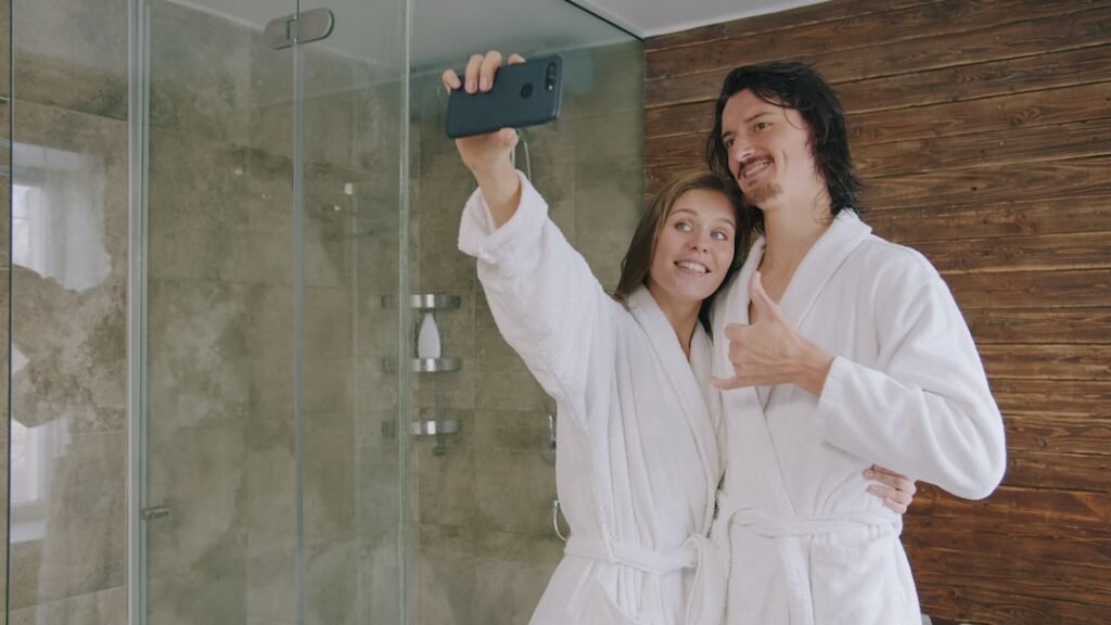 couple bathroom renovation smiling