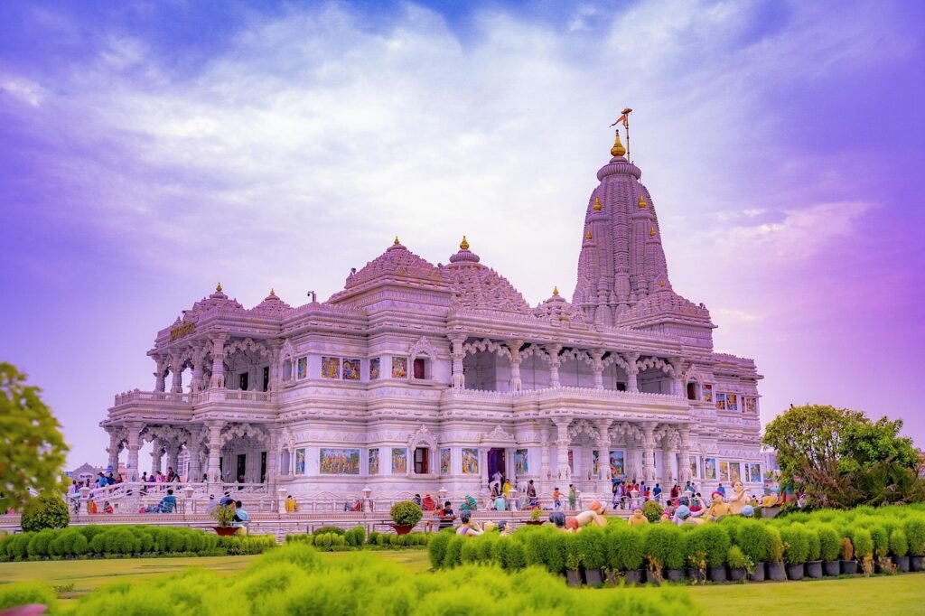 White marble Hindu temple at sunset in Vrindavan, India
