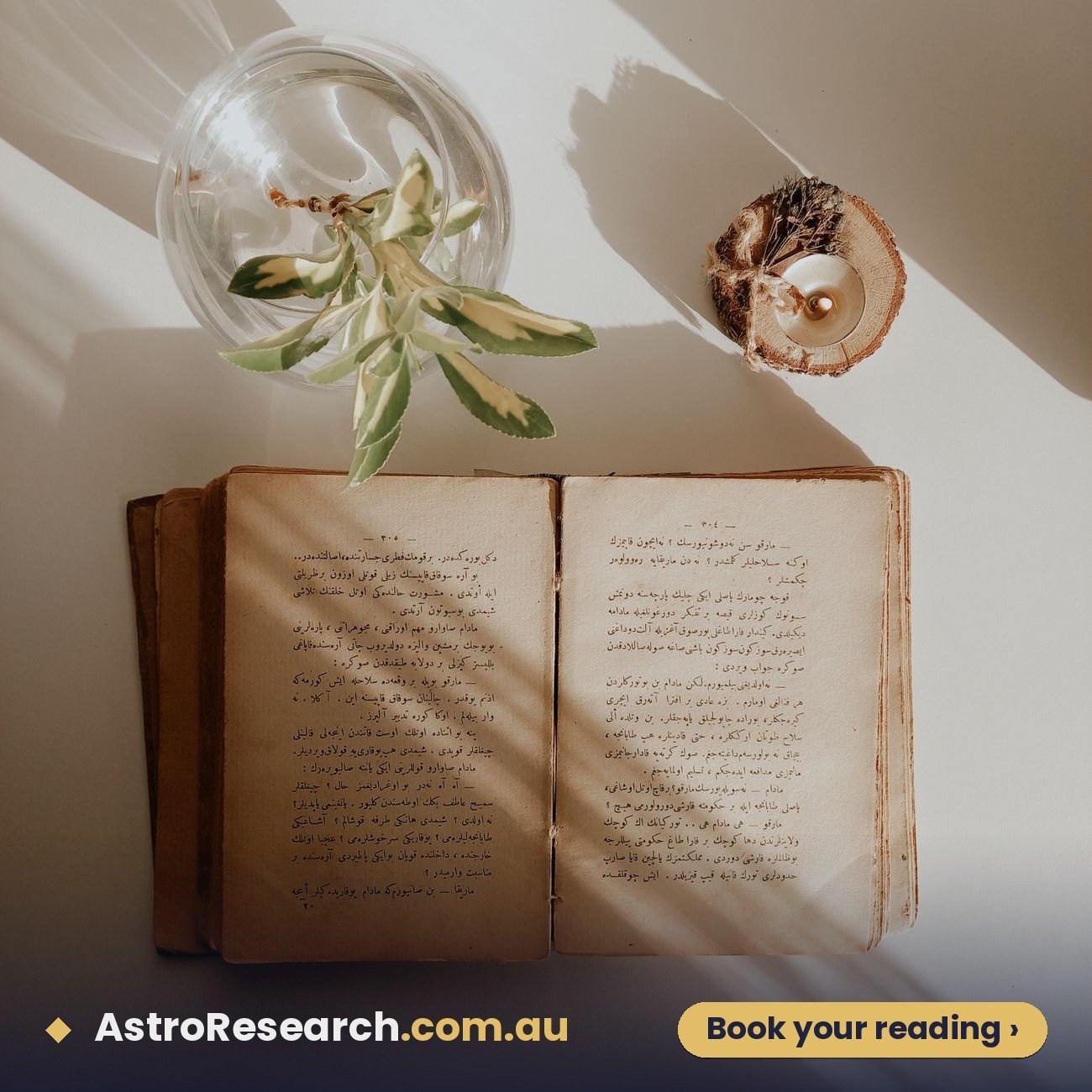 Open handwritten manuscript beside a plant and candle, evoking Lal Kitab