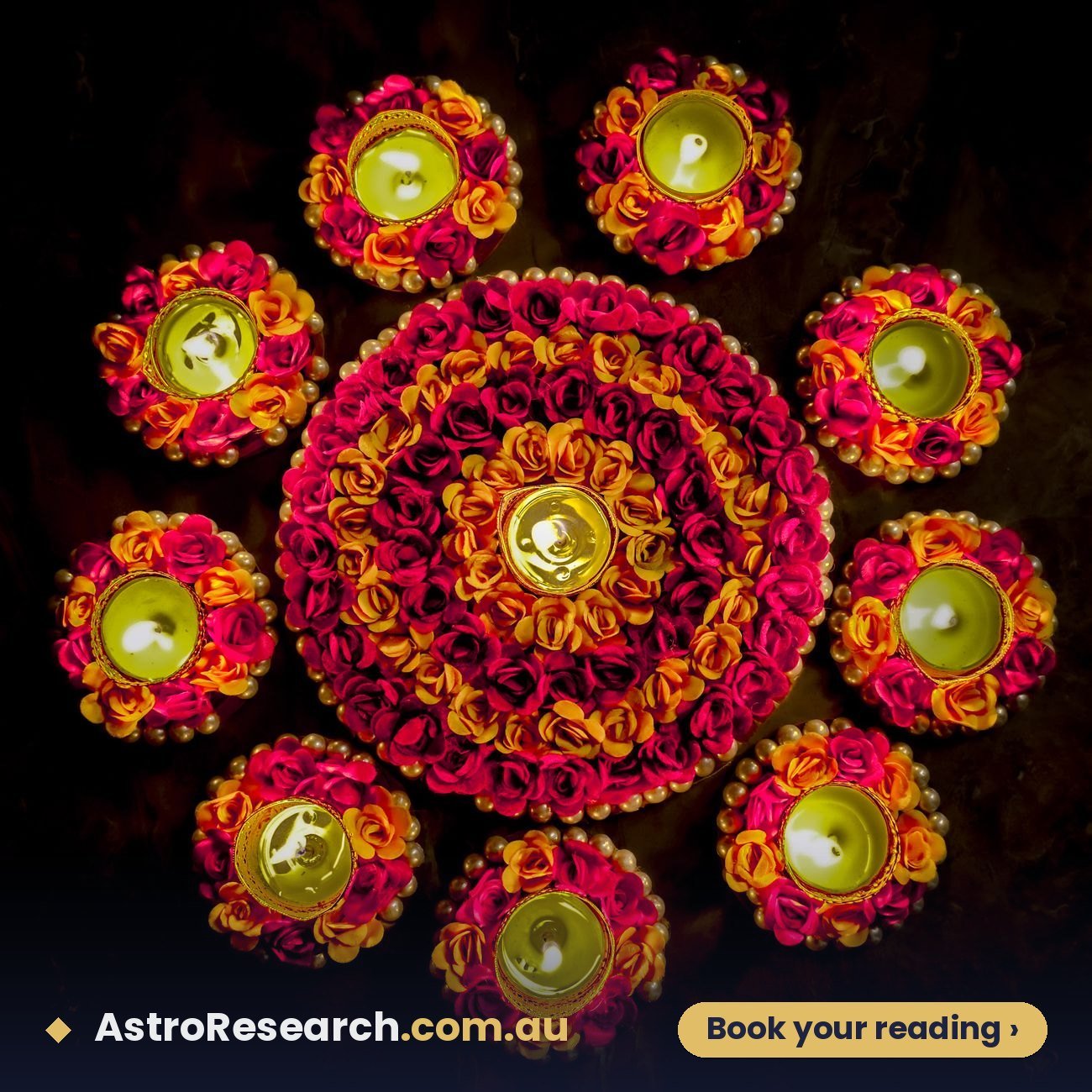 Colourful arrangement of flowers and lit diyas for Vedic remedies
