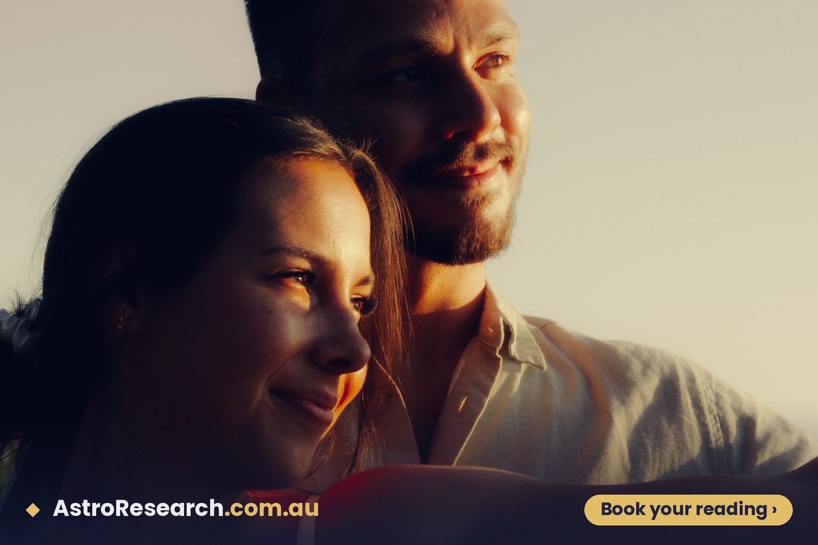 Couple gazing at each other in warm golden sunset light, illustrating the love and relationship themes of Venus Mahadasha