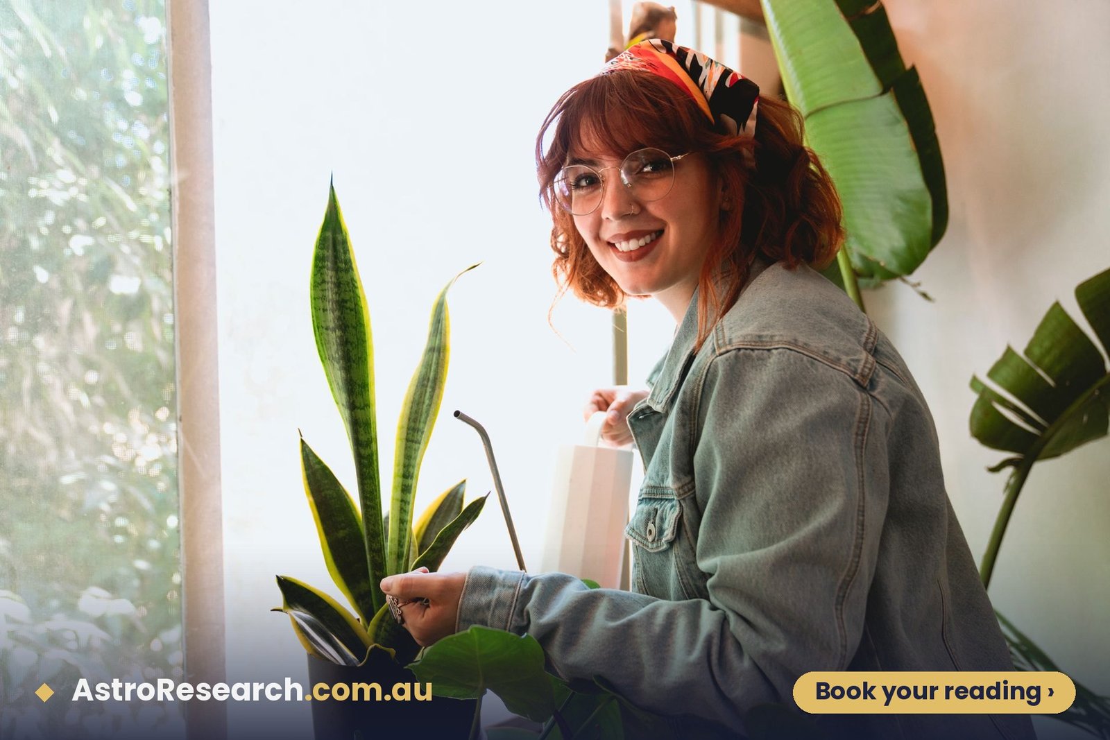 Smiling woman caring for a snake plant and other houseplants by a sunlit window, choosing Vastu plants for an Australian home