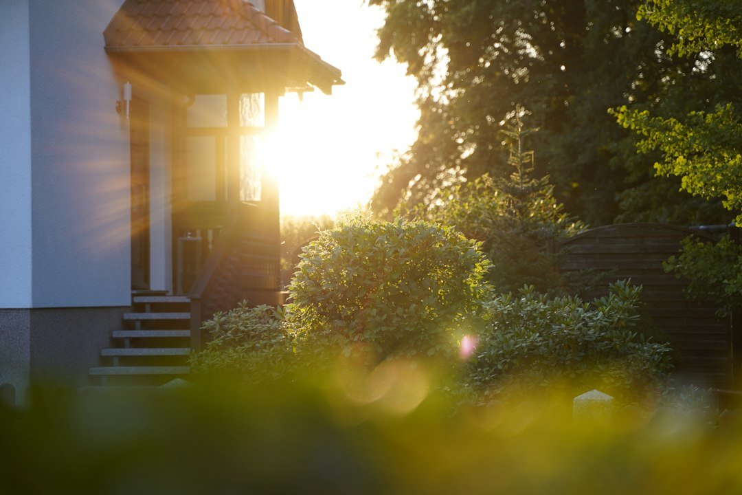 Morning sun shining across a house entrance and leafy front garden, a welcoming south-facing home entrance in Vastu