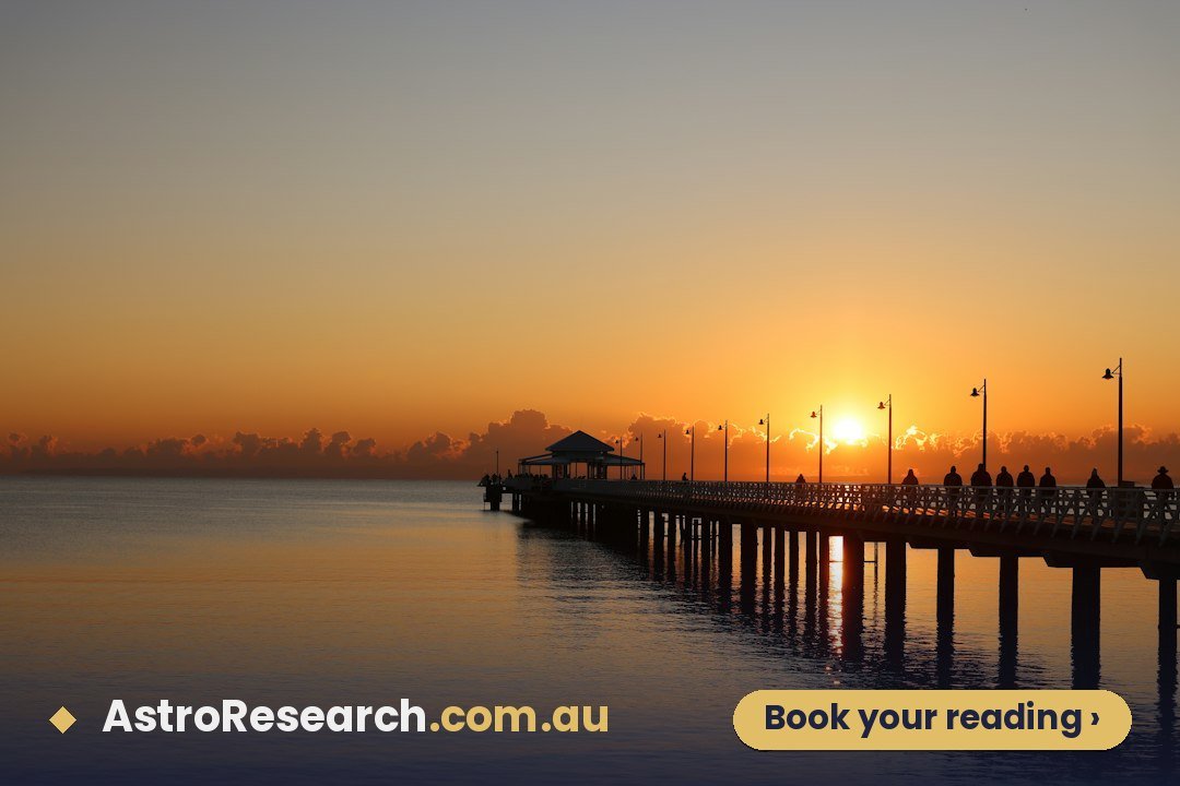 Golden sunrise over a calm ocean at Shorncliffe Pier, Brisbane, illustrating the Navamsa (D9) chart and the deeper layer of a Vedic birth chart